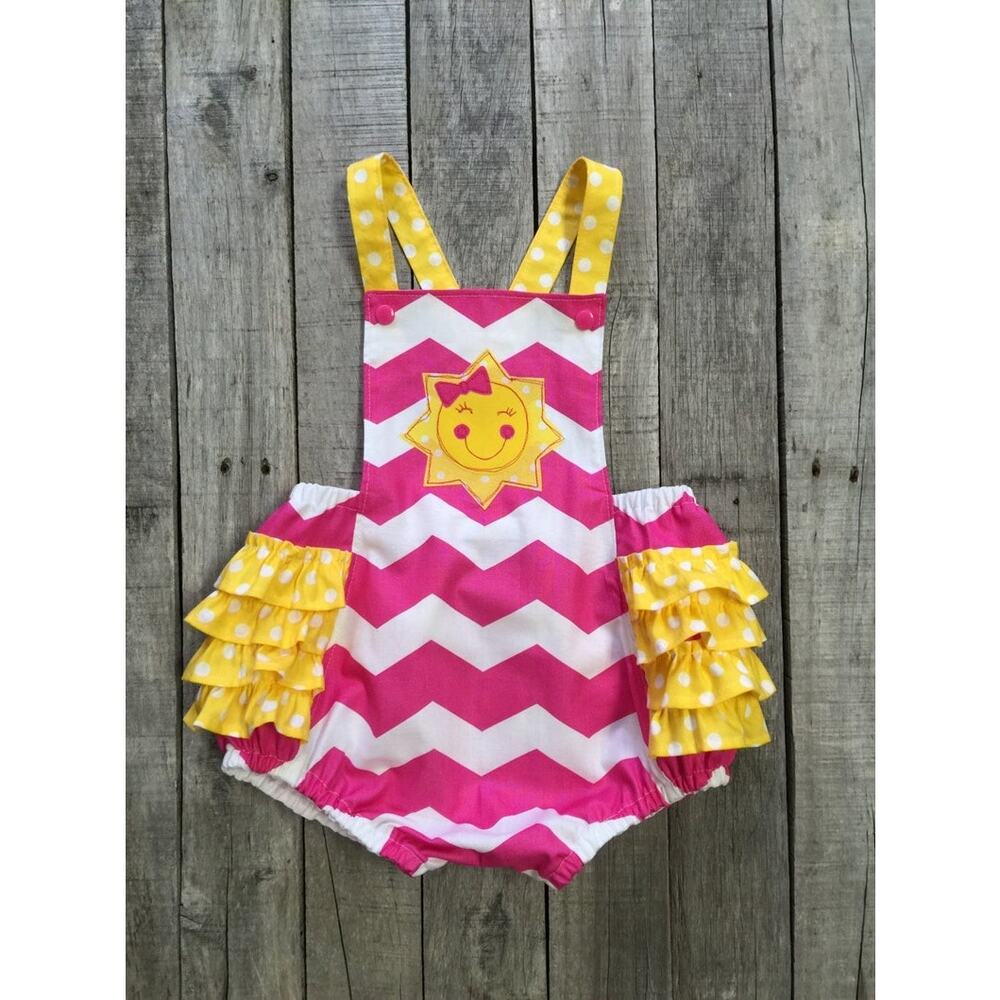 Boutique Baby Girl Romper Sun Applique Ruffle Bubble Pink Yellow 12-18M